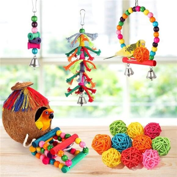 Bird Toys 17Pcs Bird Parakeet Swing Chewing Hanging Toys Climbing Ladder Coconut - Picture 5 of 7